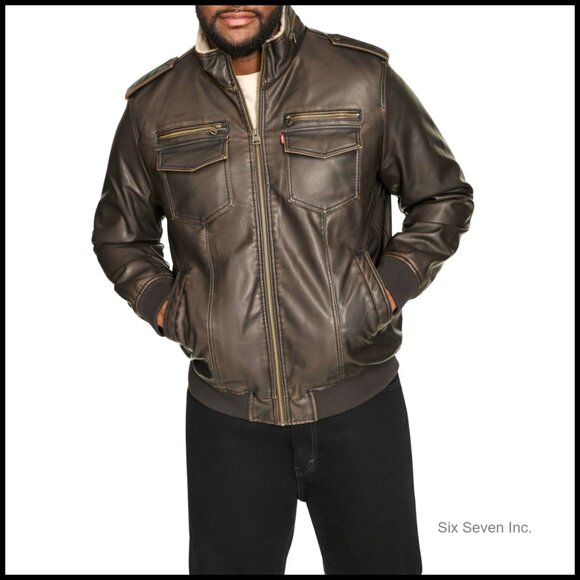 Other - Vintage Faux Leather Aviator Bomber Jacket with Sherpa Lining